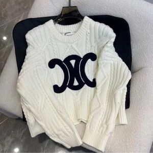 Celine White Cable Knit Sweater with Black Logo